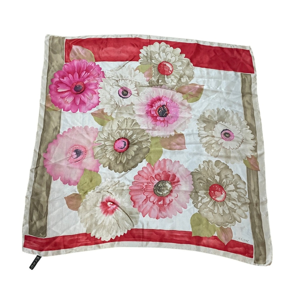 Echo Feminine Silk Scarf Pink Red Floral Square Hand Rolled Edge 34in Square
